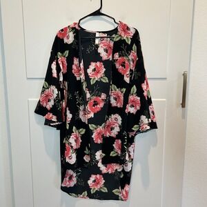 honeyme black floral print kimono cardigan lightweight bell sleeve size s boho
